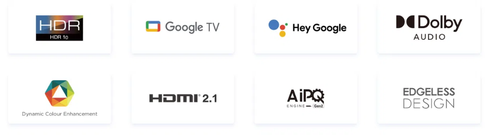 image – TCL East Africa Kenya Grid of technology feature logos including HDR10, Google TV, Hey Google, Dolby Audio, Dynamic Color Enhancement, HDMI 2.1, AI P0 Engine Gen2, and Edgeless Design