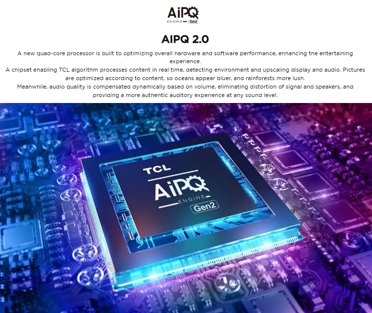 image – TCL East Africa Kenya Close-up of a TCL AiPQ Engine Gen2 processor on a blue circuit board, glowing with purple and blue hues.