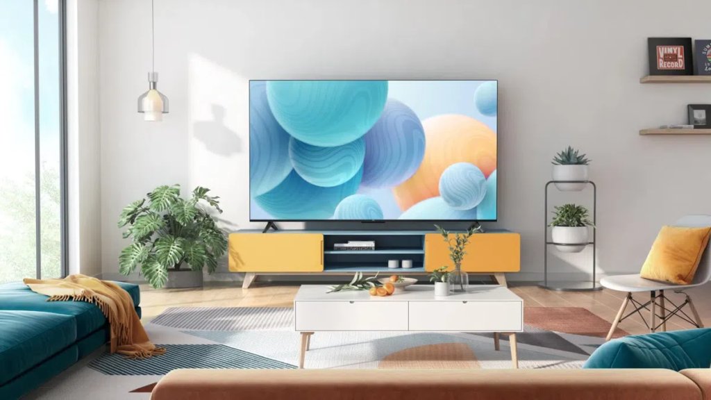 image – TCL East Africa Kenya Bright contemporary living room with a large flat-screen TV on a yellow media console, a white coffee table, and greenery around a blue sofa area.