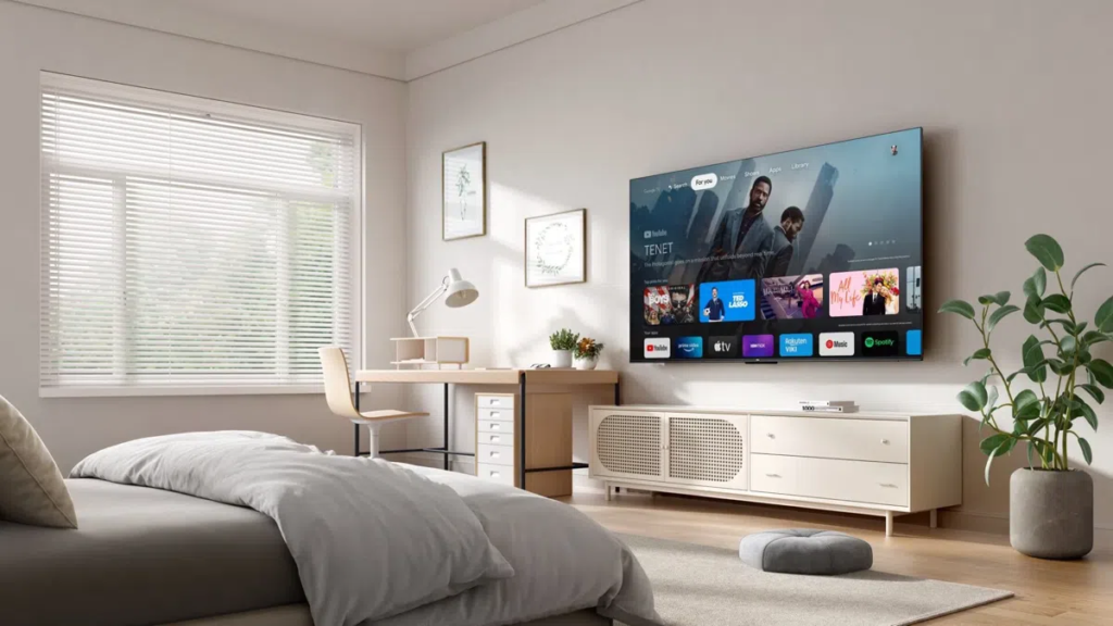 image – TCL East Africa Kenya Cozy modern bedroom with a wall-mounted TV, desk, and plant accents; sunlight through blinds fills the room