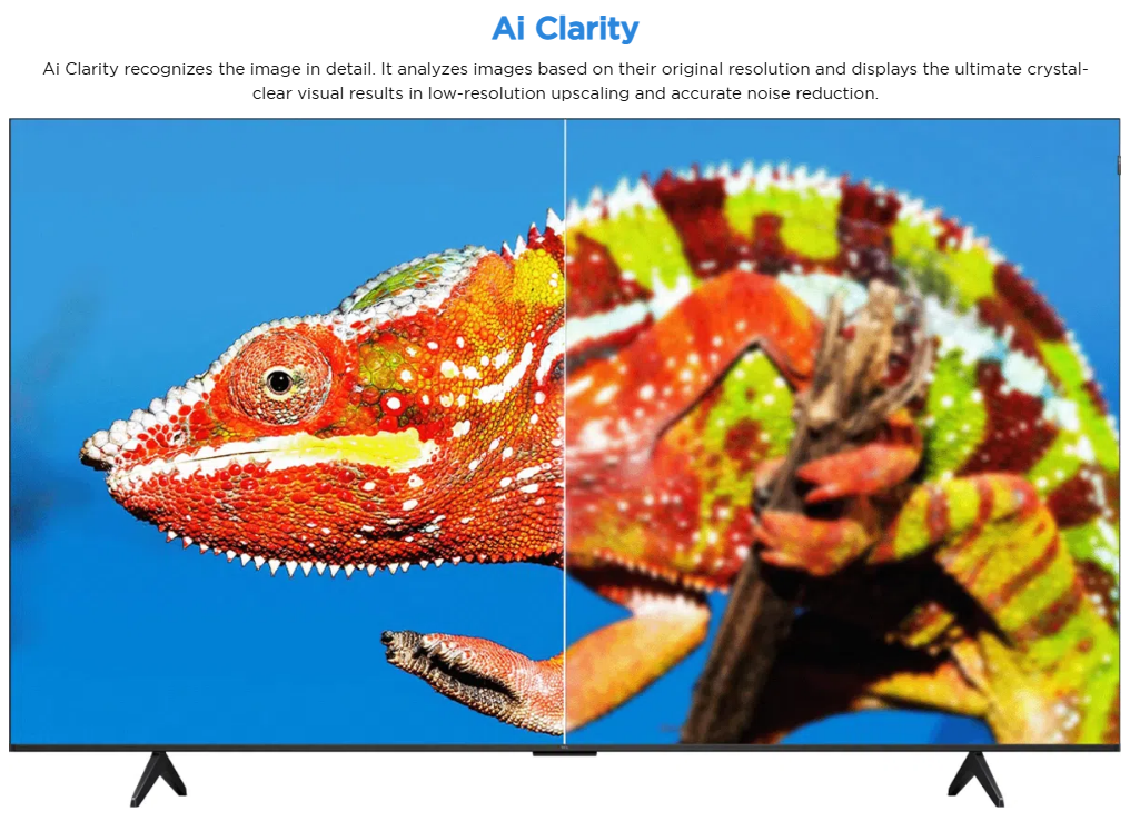 image – TCL East Africa Kenya Split-screen TV image showing a colorful chameleon against a blue background, left side lower-detail and right side higher-detail to illustrate AI clarity upscaling.