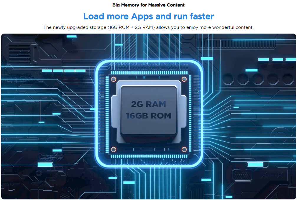 image – TCL East Africa Kenya Futuristic circuit board with a central processor labeled '2G RAM 16GB ROM' surrounded by glowing blue circuitry and neon outlines, illustrating memory upgrade.