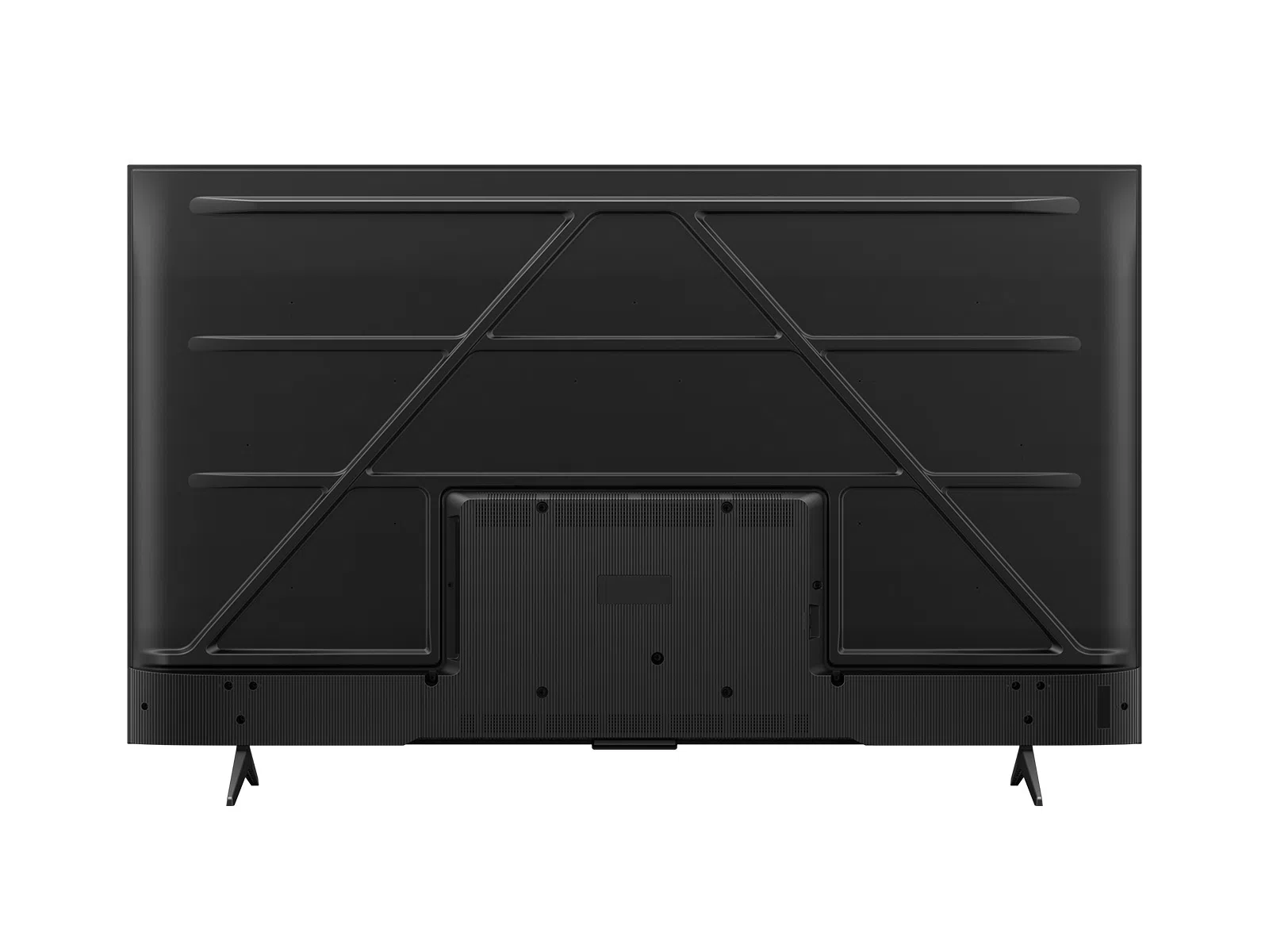 TCL 43V6C 43-inch – TCL East Africa Kenya Rear view of a flat-screen TV showing a V-shaped, cross-braced stand and vented bottom panel