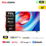 65-inch TCL 4K UHD HDR smart TV with colorful abstract screen and slim stand; features Dolby Audio, HDR10, Google TV.