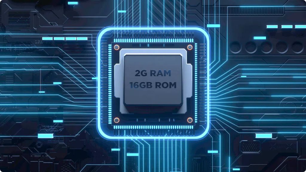 image – TCL East Africa Kenya Futuristic motherboard graphic with a square processor labeled 2G RAM 16GB ROM on a glowing blue circuit board.