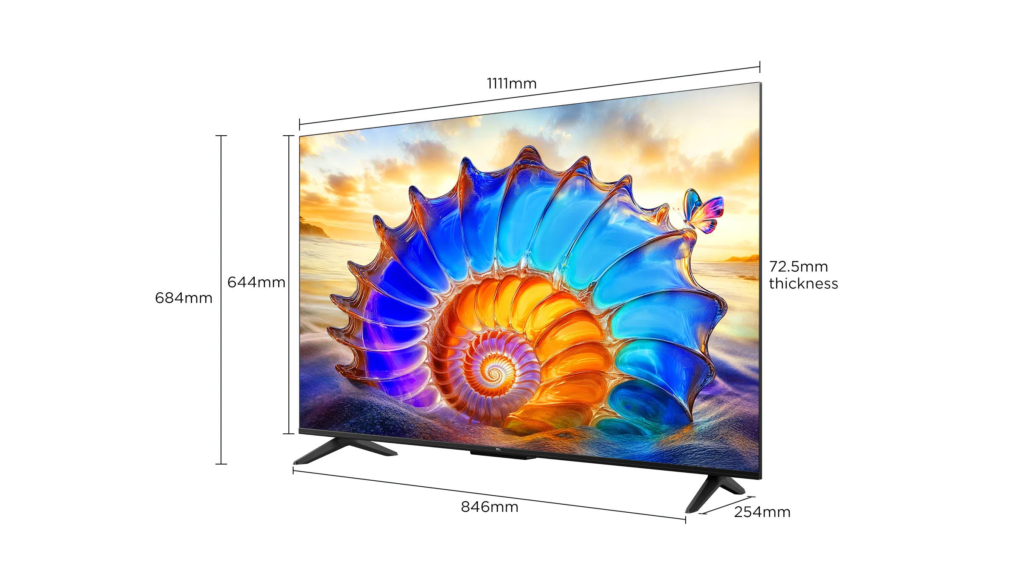 image – TCL East Africa Kenya Diagram of a flat-screen TV on a stand with colorful wallpaper, showing overall dimensions: 1111mm wide, 684mm high, 72.5mm thick, and 254mm deep (stand adds 846mm width).