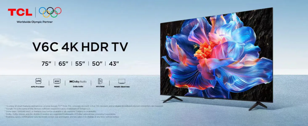 TCL V6C 4K HDR TV banner showing sizes 75, 65, 55, 50, 43 inches with Olympic logo on the left and a colorful TV display on the right.