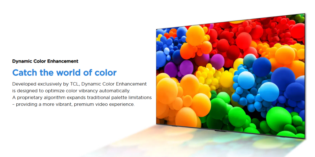 TV screen showing a burst of colorful spheres to demonstrate Dynamic Color Enhancement on a white-page hero layout, conveying vibrant color technology.