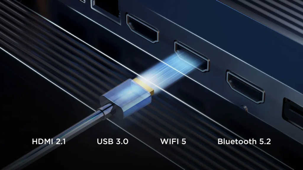 Rear panel with HDMI 2.1, USB 3.0, Wi‑Fi 5 and Bluetooth 5.2 ports; a glowing cable is plugged into the USB port on the back of the device.