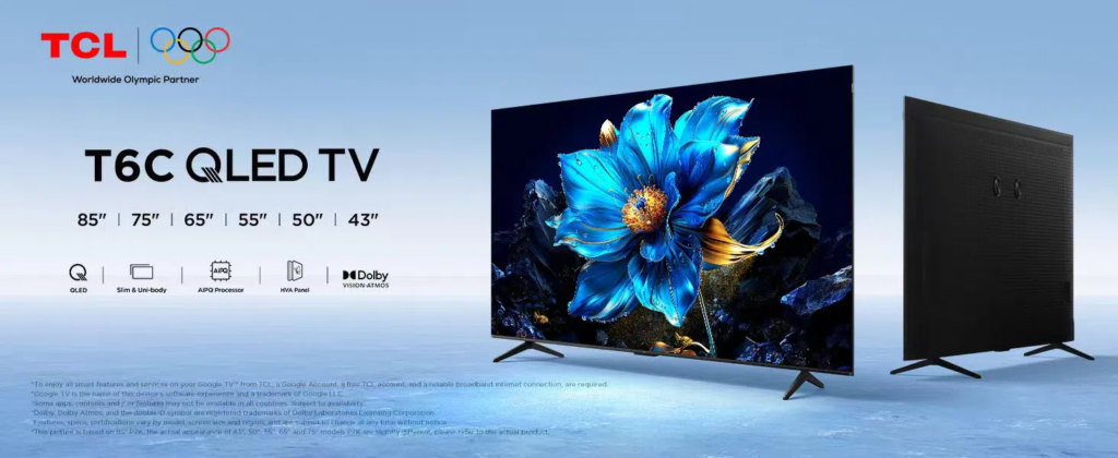 image – TCL East Africa Kenya T6C QLED TV advertisement showing a large screen and a smaller unit against a blue gradient background, with sizes 85"–43" listed and Olympic partner logos.