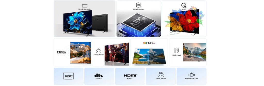 image – TCL East Africa Kenya Collage of TV screens and feature icons highlighting Slim & Uni-body, AI Processor, QLED, Dolby Vision Atmos, Game Master, HDR, and eye-care features.