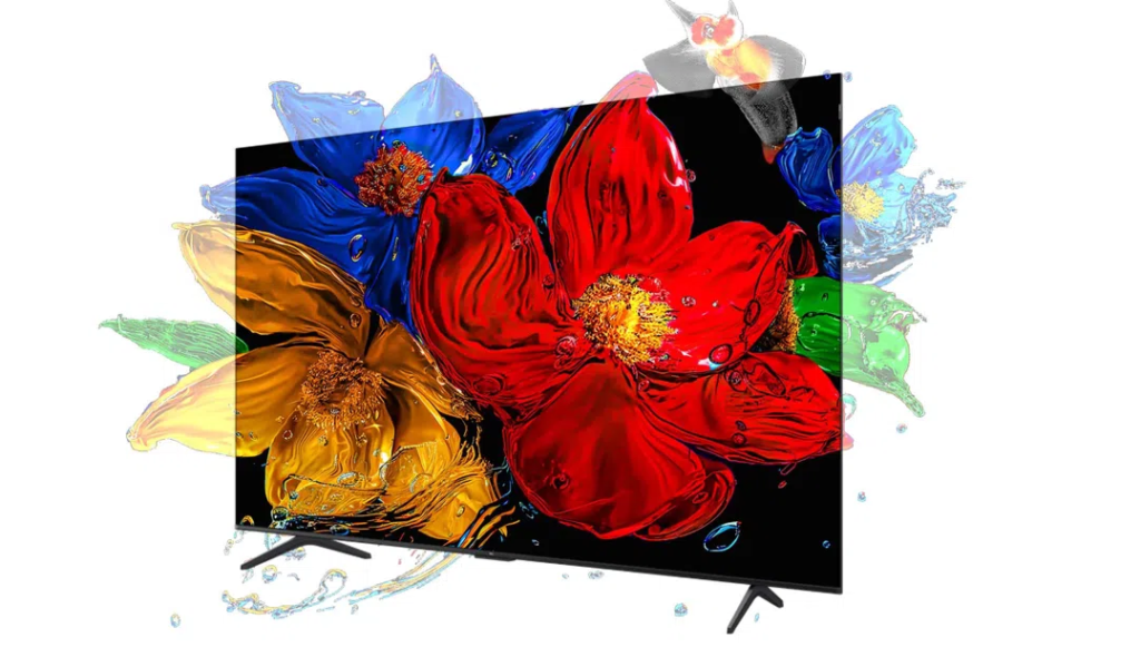 image – TCL East Africa Kenya Flat-screen TV displaying vibrant flower splash artwork in red, blue, yellow and green on a black screen edge.