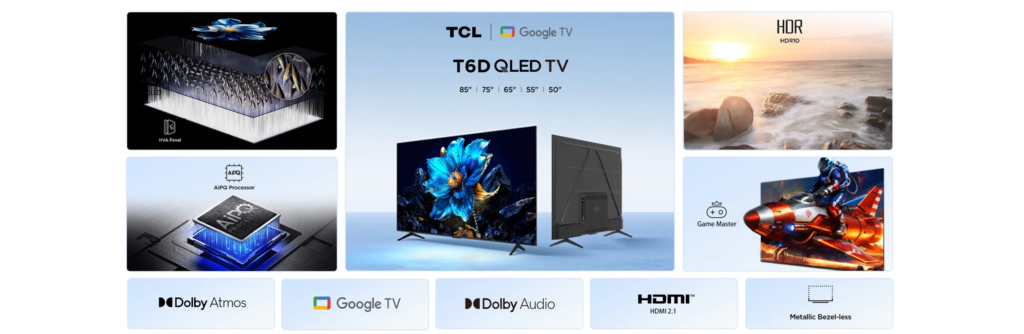 image – TCL East Africa Kenya Collage of TV panels and tech logos showcasing displays, processors, and HDR features. central TV with blue flower wallpaper surrounded by product images and logos.