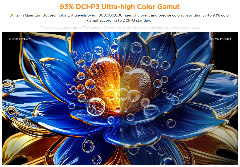 image – TCL East Africa Kenya Promotional banner for 93% DCI-P3 Ultra-high Color Gamut showing a vibrant blue and gold abstract flower with a glowing center; text references Quantum Dot tech and color gamut enhancements.