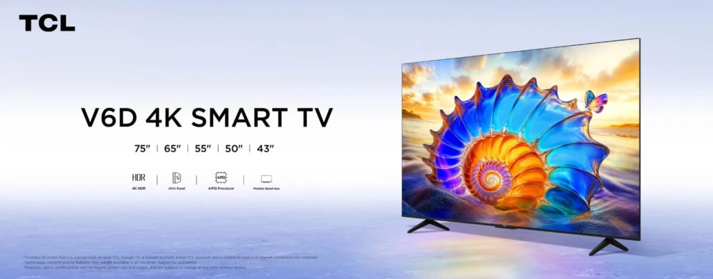 image – TCL East Africa Kenya TCL V6D 4K Smart TV ad showing a large TV with a vibrant seashell wallpaper on the right and size options on the left.