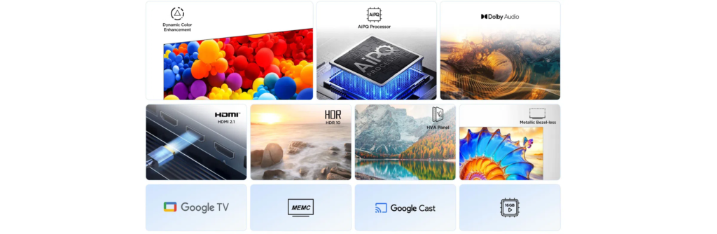 image – TCL East Africa Kenya Tiles showing TV features: Dynamic Color Enhancement, AiPQ Processor, Dolby Audio, HDMI 2.1, HDR10, HVA Panel, and bezel-less design.