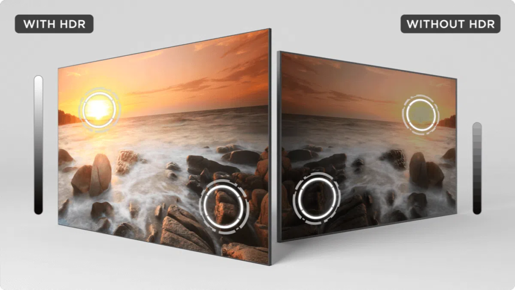 image – TCL East Africa Kenya Side-by-side TVs show the same sunset beach scene; left labeled WITH HDR, right WITHOUT HDR, highlighting contrast with vertical sliders.