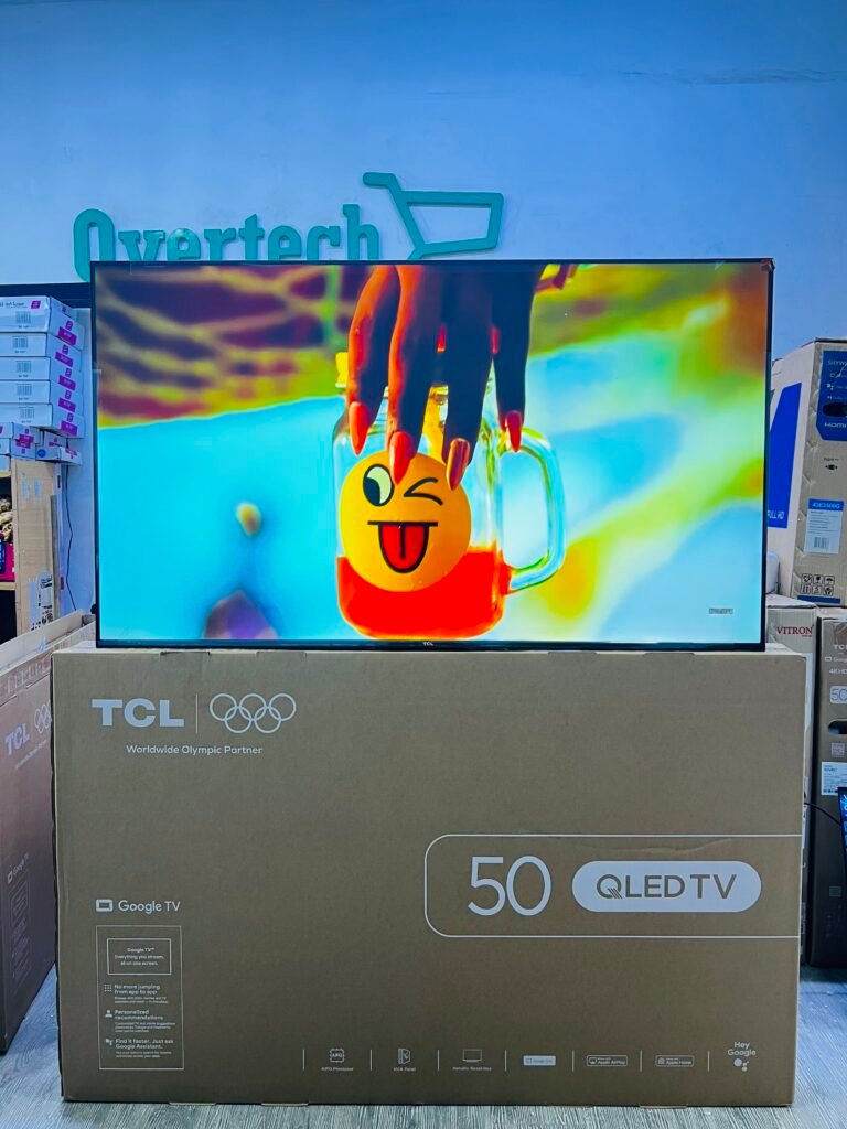 vii – TCL East Africa Kenya Boxed 50-inch TCL QLED TV on display in a retail store.